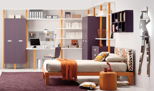 Teen-girl-bedroom-with-modern-bed-wardrobe-shelves-cabinet-and-chair