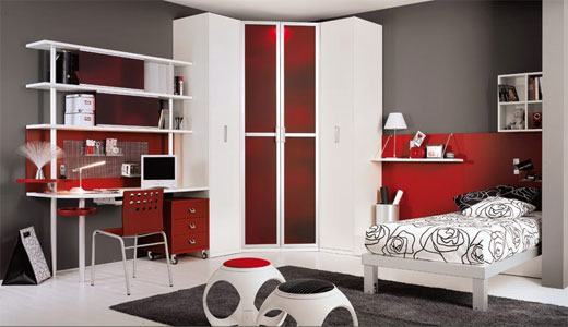 Teen Bedroom Interior Design Idea Red White, Minimalist Bedroom, Minimalist Apartment Interior, Minimalist Design